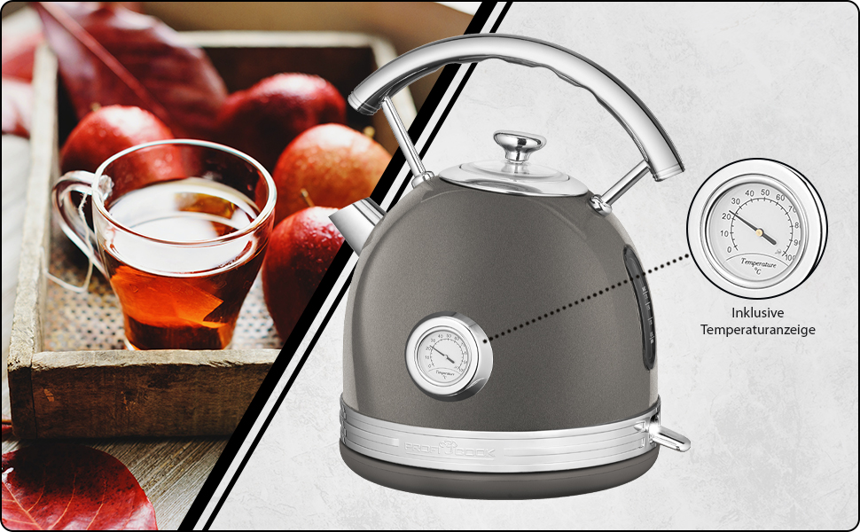 Електричний чайник ProfiCook® PC WKS 1192, 1,7 л, антрацит, ретро-дизайн з металевим корпусом та хромованими деталями, з індикатором температури, 2200W