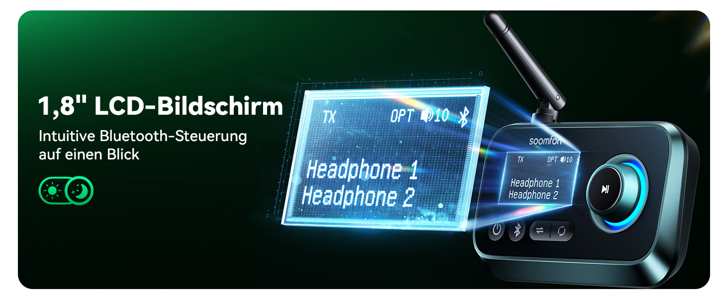 SOOMFON Bluetooth 5.0 Передавач-Приймач: Підключення 2 навушників до TV, PC, Stereo. Низька затримка, регулювання гучності, Aux/RCA/Оптичний