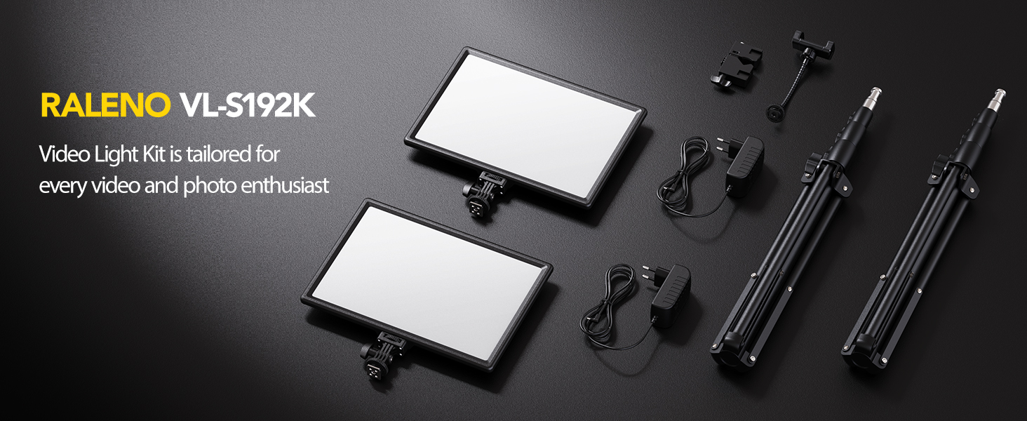 LED відеолампа RALENO з 192 LED, 2 шт. з штативом 180 см, зарядним акумулятором 8000mAh, регулюванням яскравості 0-100%, CRI95 для YouTube, TikTok, фото- та відеозйомки