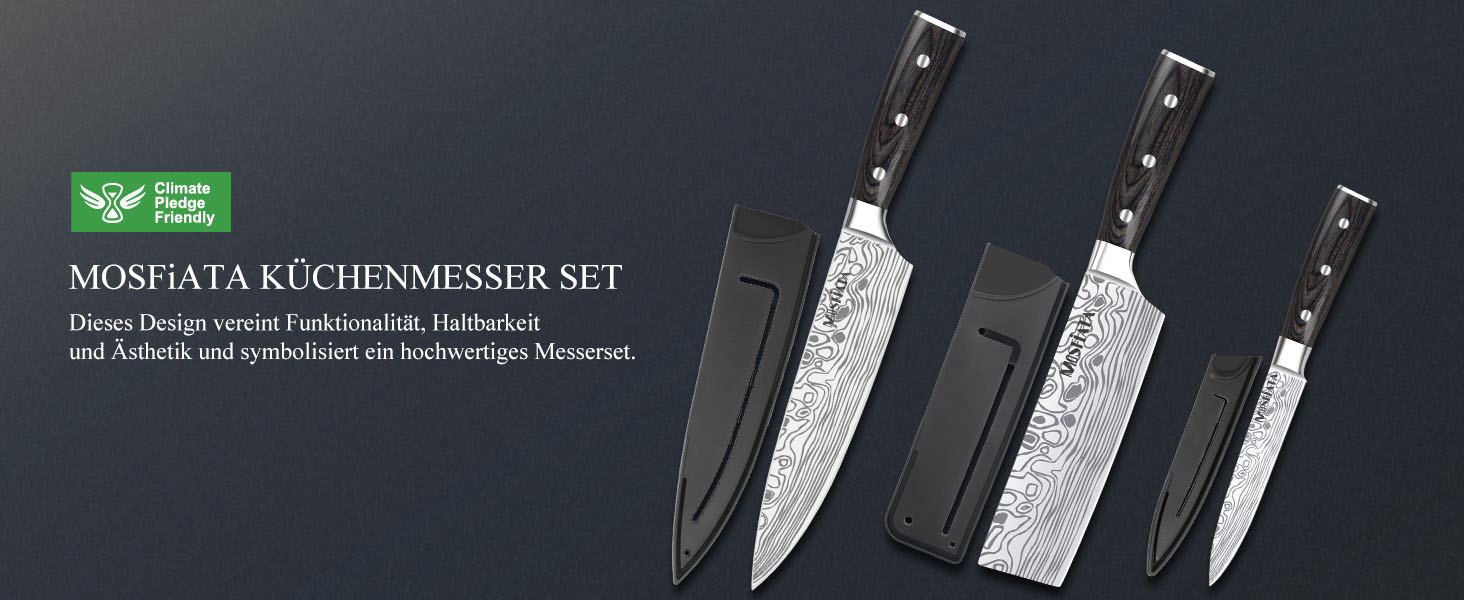Набір кухонних ножів MOSFiATA 5 предметів: Ніж шеф-кухаря, ніж Накірі, ніж для овочів, ніж для хліба, точилка для ножів та подарункова коробка (Нержавіюча сталь)