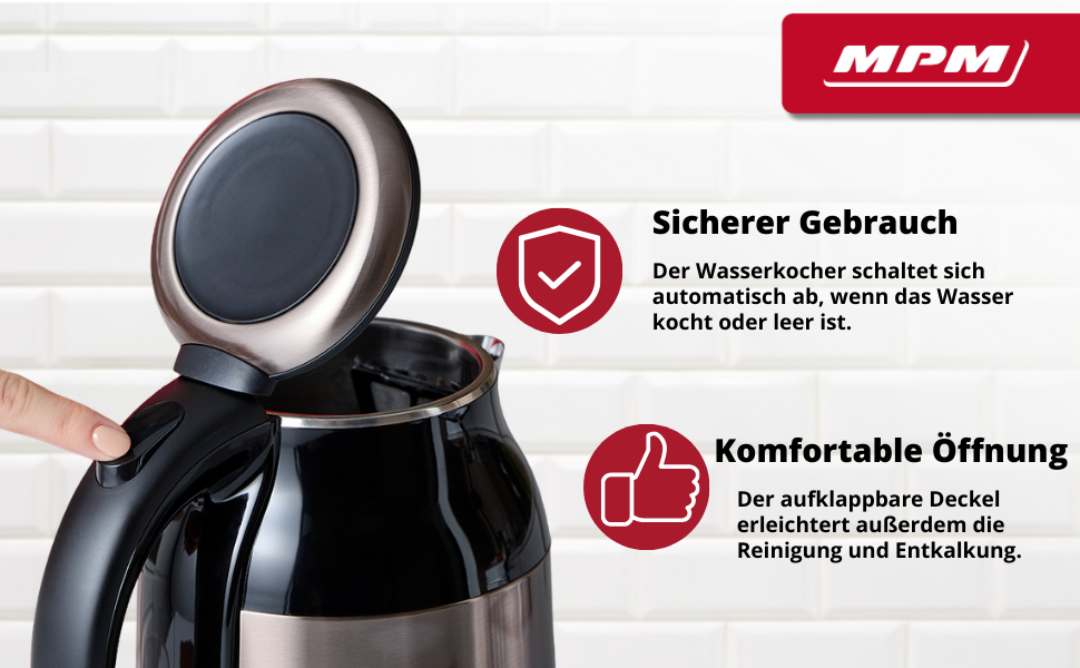 Електричний чайник MPM MCZ-85/G1, 1.7 л, без BPA, бездротовий, 360° обертання, антинакипний фільтр, автоматичне вимкнення, чорний, 2200W