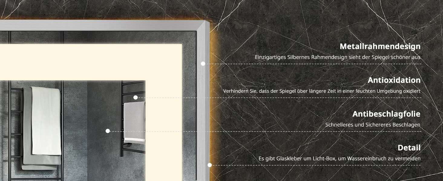 Дзеркало YOURLITE з підсвічуванням, 70x50 см, LED дзеркало для ванної кімнати з сенсорним вимикачем, годинником, 3 кольори світла, регулювання яскравості, запобігання запотіванню, пам'ять налаштувань, срібло