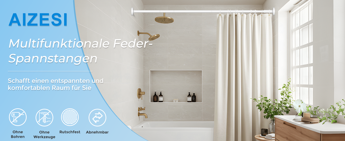 Штанга для карнизів AIZESI без свердління, 100-230 см, Ø 25 мм, телескопічна, для кріплення - регульована штанга для вікон, душу, балкону (білий, 81-158 см)