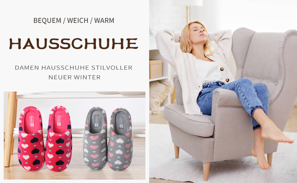 Тапочки жіночі JOMIX Winter Hausschuhe з сердечками, теплі, з плюшевою підкладкою, зручні, антиковзні, для дому, сірий світлий, 39 EU