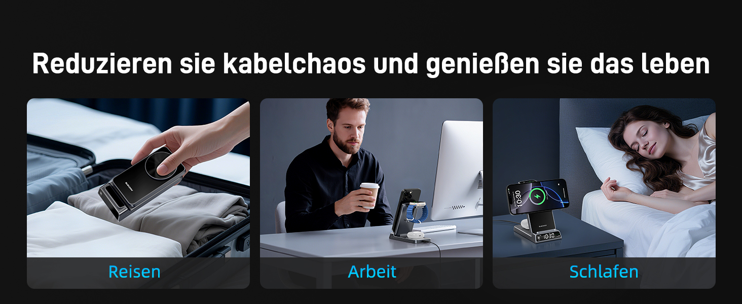Зарядна станція 3-в-1 бездротова для iPhone, Apple Watch, AirPods, з годинником, для подорожей
