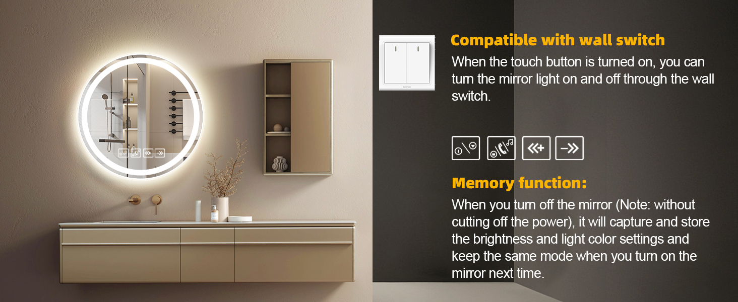 Круглий дзеркало для ванної кімнати з LED-підсвічуванням, 60 см, з функцією проти запотівання, сенсорним перемикачем та Bluetooth, регульована яскравість, 3000K/4000K/6500K, HD-загартоване скло, 600*600 мм