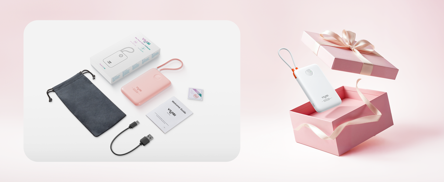 Повербанк VIYISI 10000mAh ультратонкий із вбудованим кабелем USB-C, рожевий