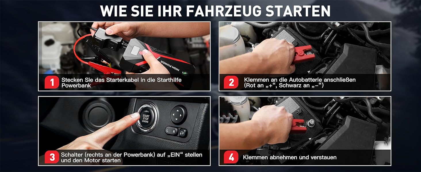 Портативний пусковий пристрій NHOWIN 4000A: Powerbank для авто 12V, 20000 mAh, 4-в-1, з кабелями та LED-ліхтариком для подорожей та надзвичайних ситуацій