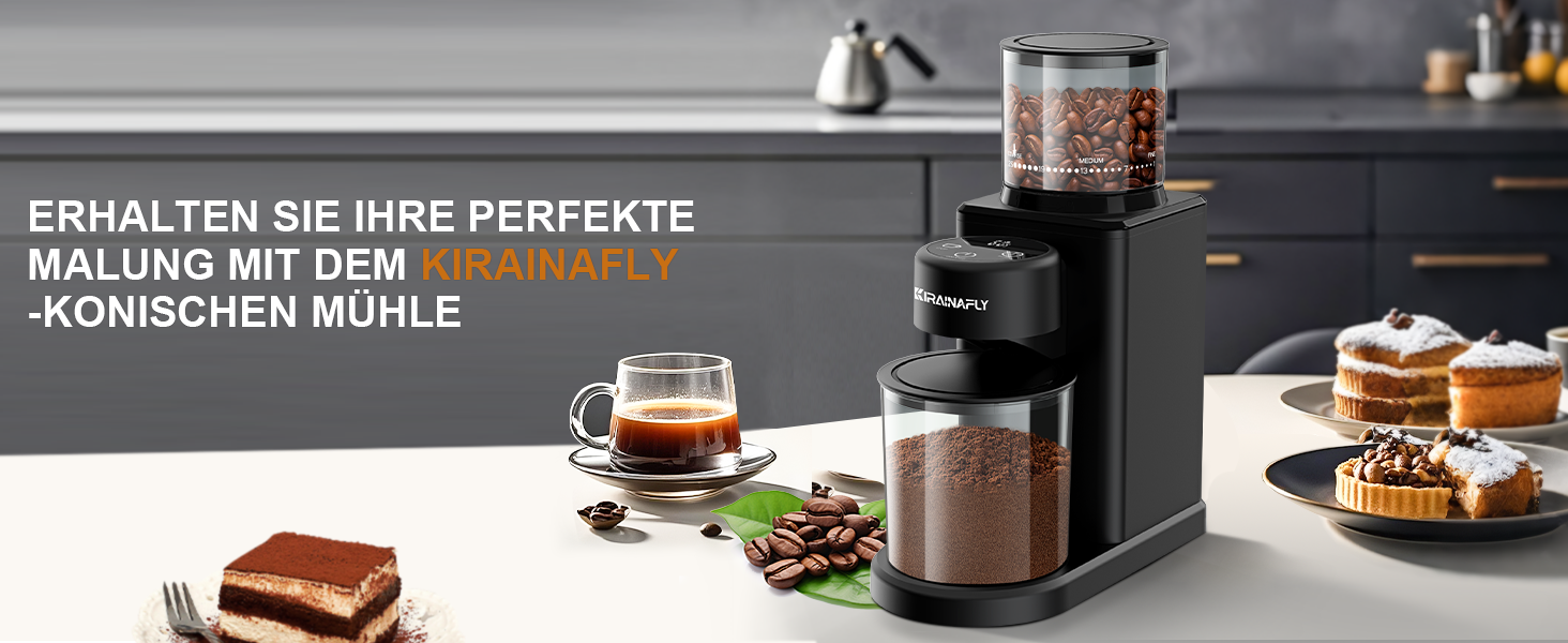 Електрична кавомолка з конічним жорнами – 25 ступенів помолу для еспресо, фільтр-кави, френч-прес, сенсорне управління, антистатична, чорна