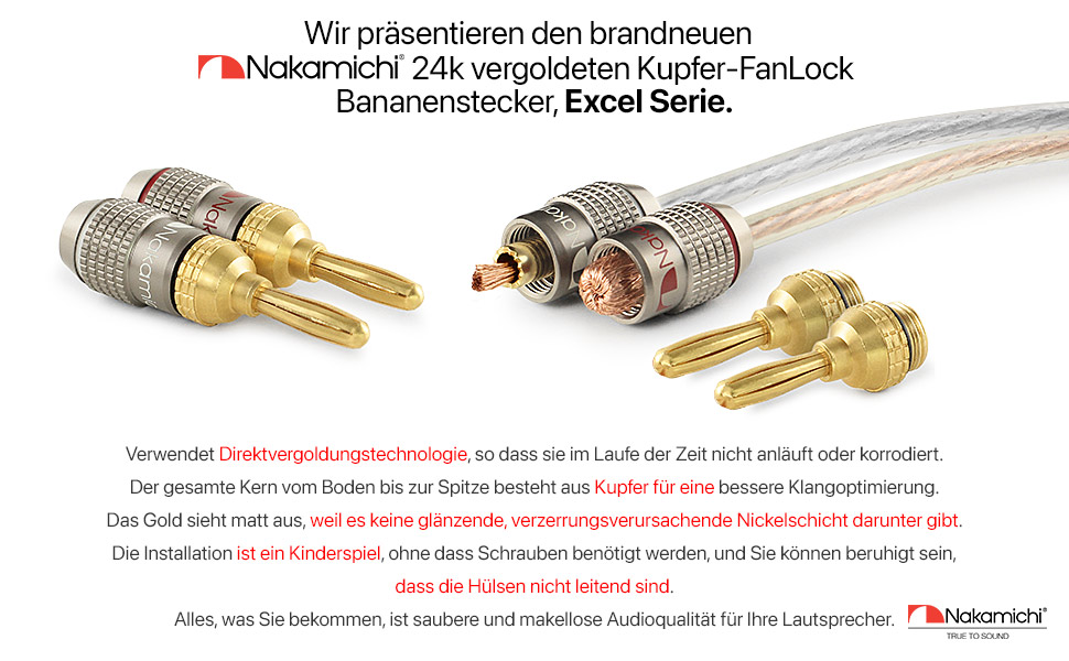 З'єднувачі банани Nakamichi FanLock Excel-Serie 24K, 10-18 AWG, 4 мм, для аудіокабелів, 4 шт. (2 пари)