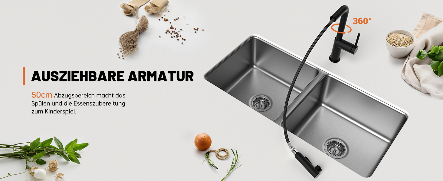 Кухонний змішувач Appaso, висувний, чорний, з 2 режимами струменя, 360° поворот, для кухні | Нержавіюча сталь, матовий чорний