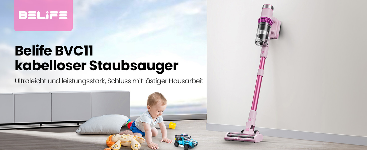 Бездротовий пилосос Belife Akku: потужний, 6-в-1, для тварин, килимів, твердих поверхонь, LED-дисплей, 45 хв роботи, 45000Pa, 550W, безщітковий мотор (рожевий)
