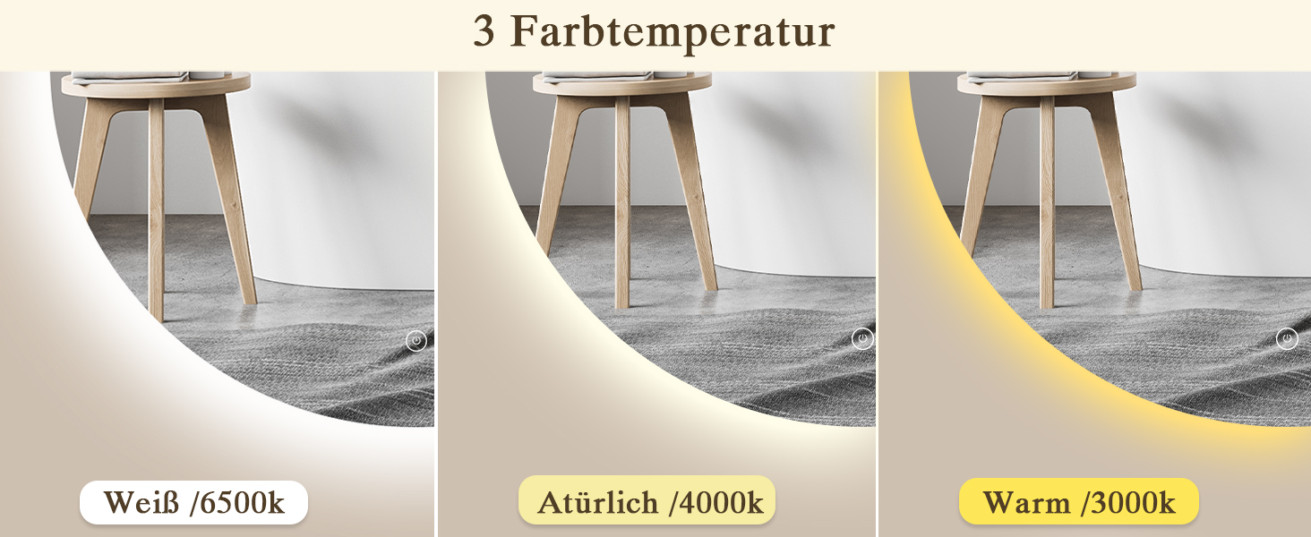 Дзеркало для ванної кімнати з підсвічуванням LED, антизапотівання, сенсорне управління, регулювання яскравості, 3 кольори світла, функція пам'яті, захист від вибуху, кругле дзеркало 50 см (діаметр), 60x60 см (розміри)