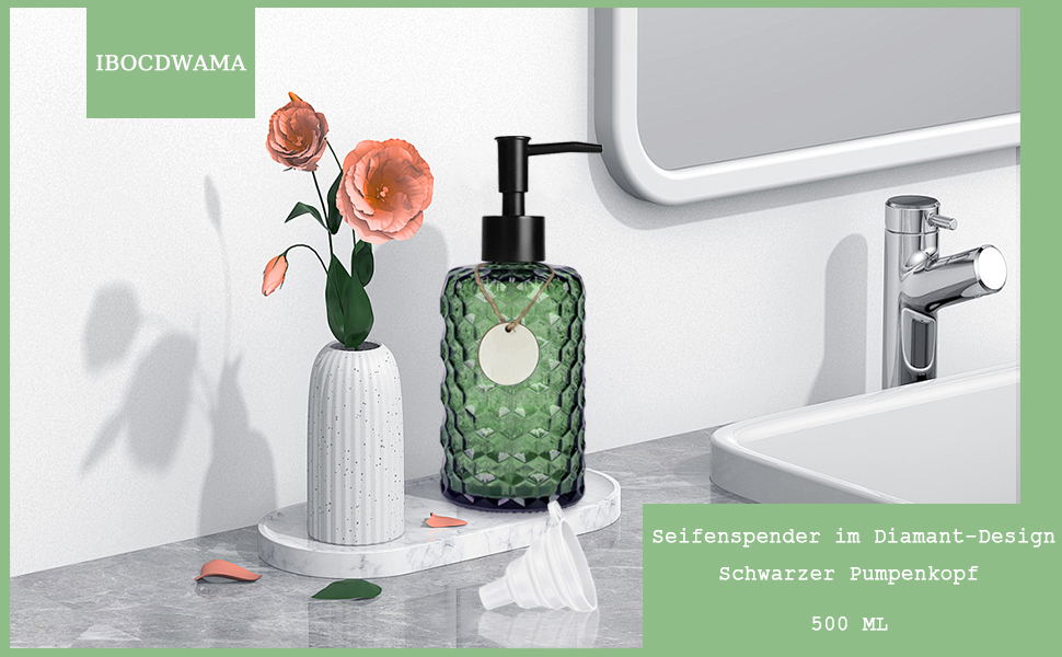 Скляний дозатор для мила 500 мл з хвильовим дизайном для ванної кімнати та кухні, з чорною пластиковою помпою, дерев'яними етикетками та воронкою (вугільний колір, зелений)