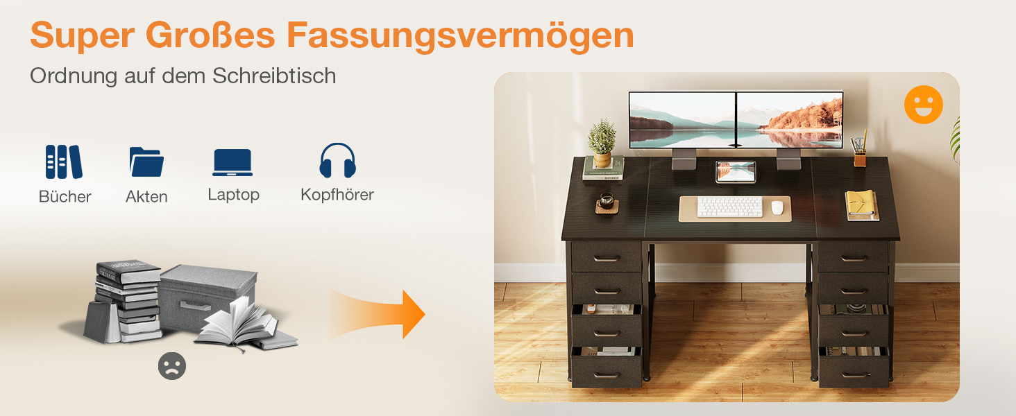 Комп'ютерний стіл Coleshome з 8 тканинними ящиками, 140x48 см, чорний | Стіл для офісу, дому, навчання