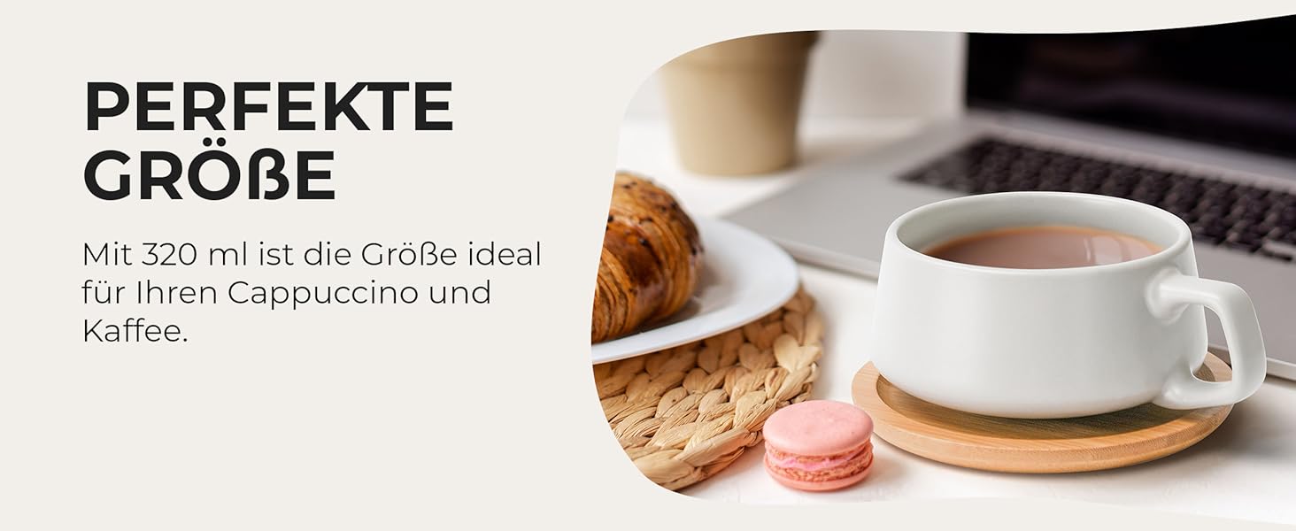 MIAMI - Set of 4 x 320 ml Coffee Cups/Cappuccino Cups with Saucers/Elegant/Modern/Coffee Cups made of Stoneware - Luxe Collection 4-Piece Set (White)