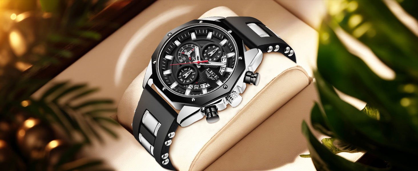 Годинник чоловічий LIGE з датою, кварцовий, аналоговий, водонепроникний, ретро-дизайн, хронограф, чорний силіконовий ремінець, вінтажний годинник, подарунок для чоловіків