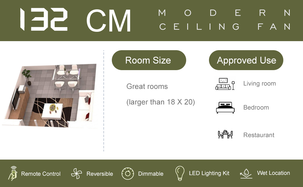 Стеляний вентилятор FINXIN з LED-лампою 132/122 см для спальні, вітальні, їдальні. Включає мотор, пульт керування (5 лопатей, білий)