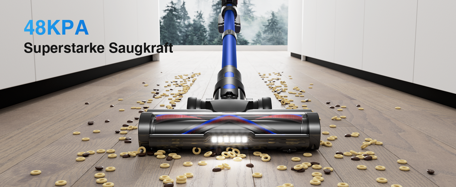 Бездротовий акумуляторний пилосос 45000 Па/550 Вт/65 хв, об'єм 1,6 л з дисплеєм, антизаплутувальною насадкою, самостійне стояння, док-станція на стіні, 8-шарова фільтрація, тиха робота, для шерсті тварин/килимів/твердих підлог/автомобіля, блакитний