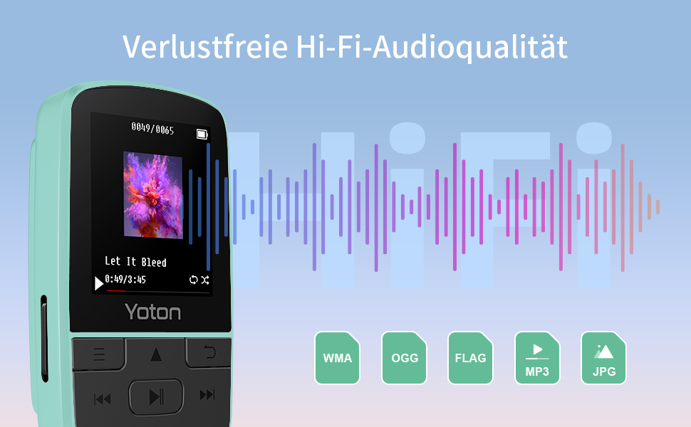 MP3-плеєр YOTON з Bluetooth 5.2, Hi-Fi звук, FM-радіо, диктофон, регулятор гучності, навушники, підтримка SD до 128 ГБ (М'ятний)