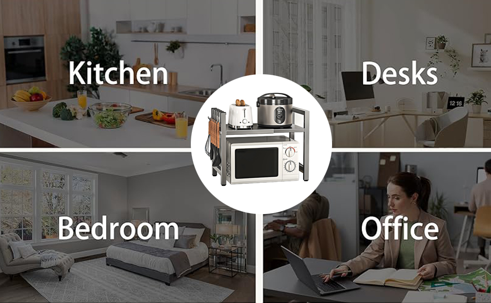 Настільний органайзер для мікрохвильової печі з 6 гачками, регульована висота та ширина, металевий, для кухні, спецій та кухонного приладдя