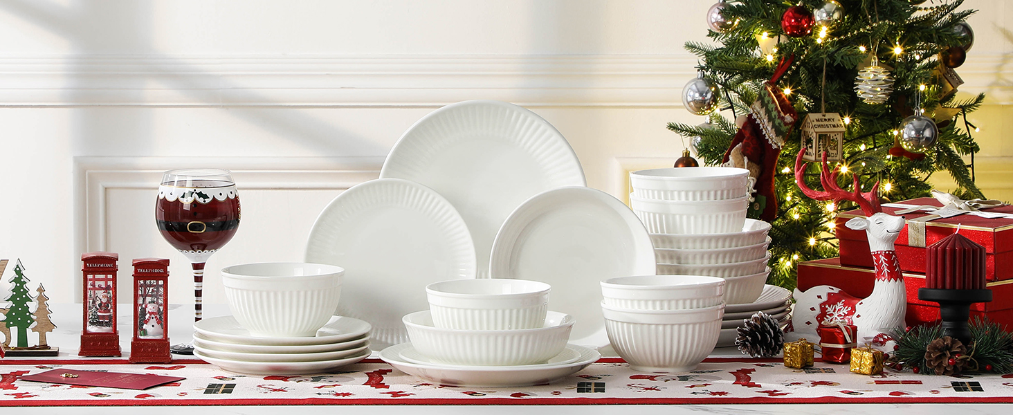 MALACASA LEILA Набір посуду на 6 осіб, 24 елементи: тарілки, миски, порцеляна, ручна робота, для мікрохвильовки та посудомийної машини, білий