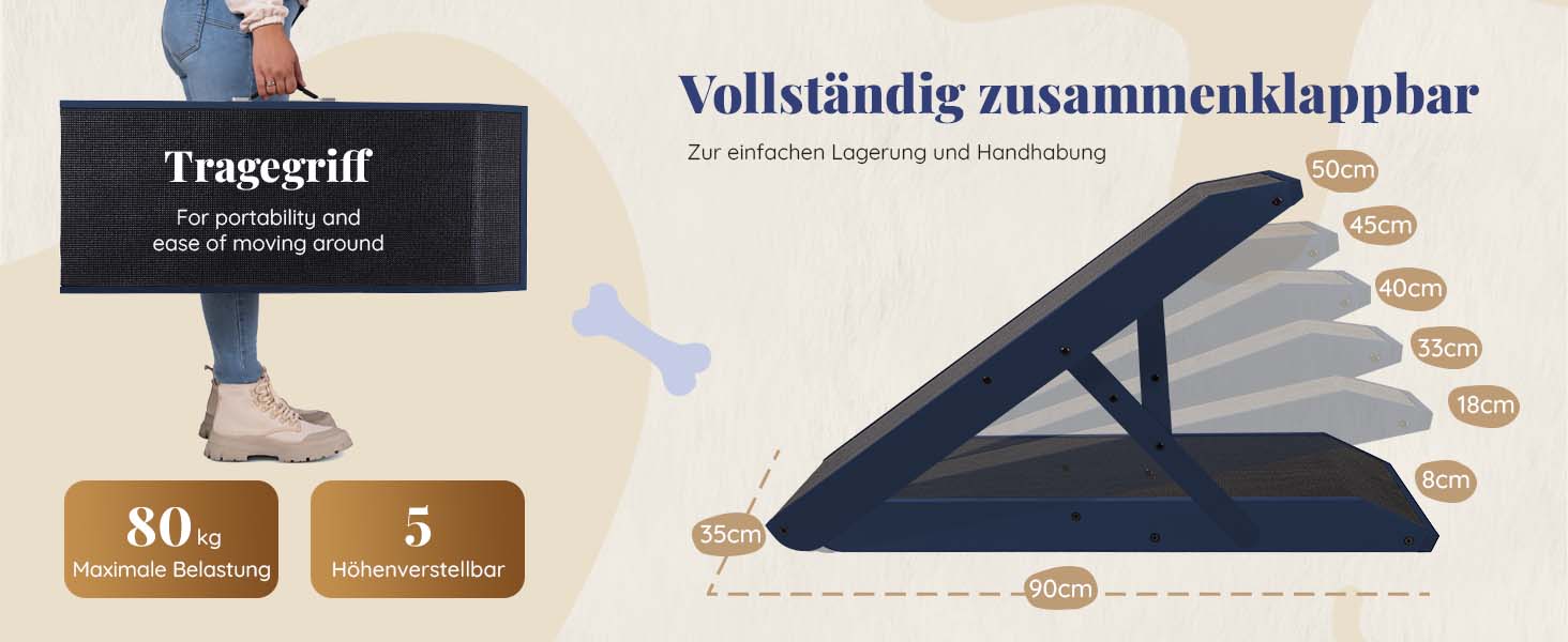 Рампа для собак Hunderampe - регульована, 18-53 см, для ліжка/дивану, з берези, антиковзаюча, чорна (темно-синя)