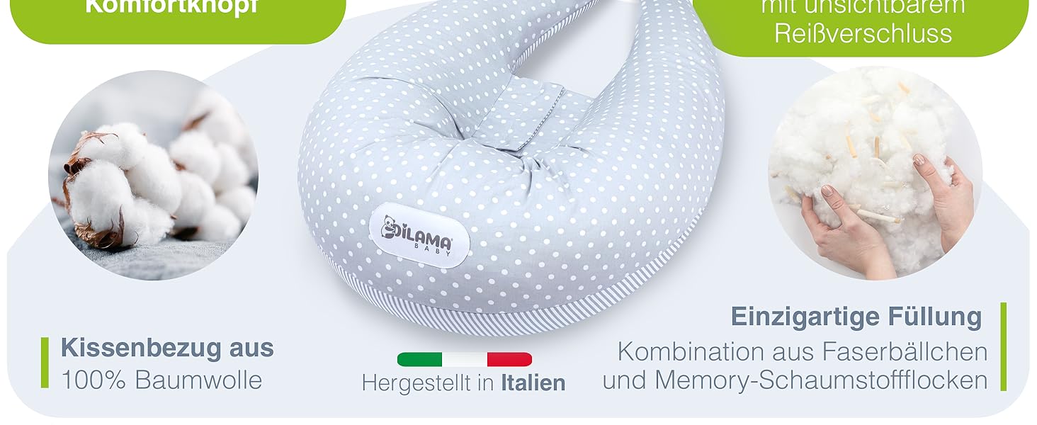 Подушка для вагітних Dilamababy з піною з пам'яті, Floken та волокнами - подушка для годування XXL - подушка для вагітних - багатофункціональна подушка для бокового положення зі 100% бавовняним чохлом для вагітних