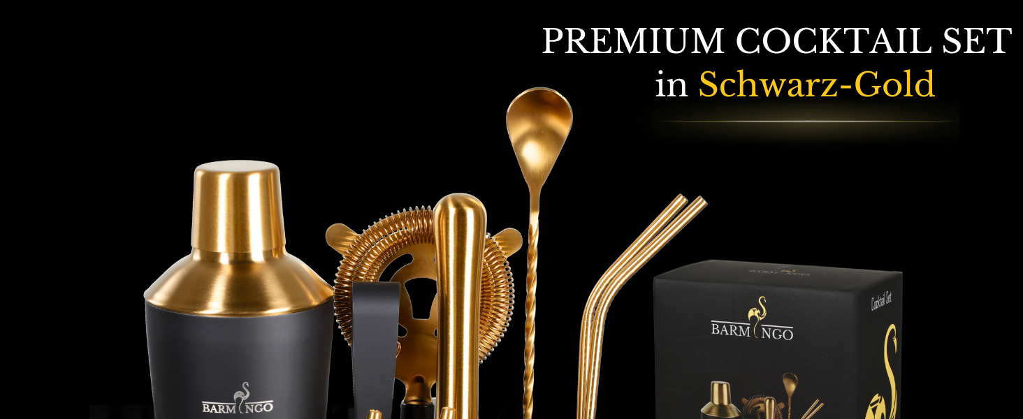 Barmingo Stainless Steel Cocktail Set - 11 Piece Bar Set with Shaker, Stand & Accessories | Cocktail Shaker Set | Bartender Set | Black & Gold