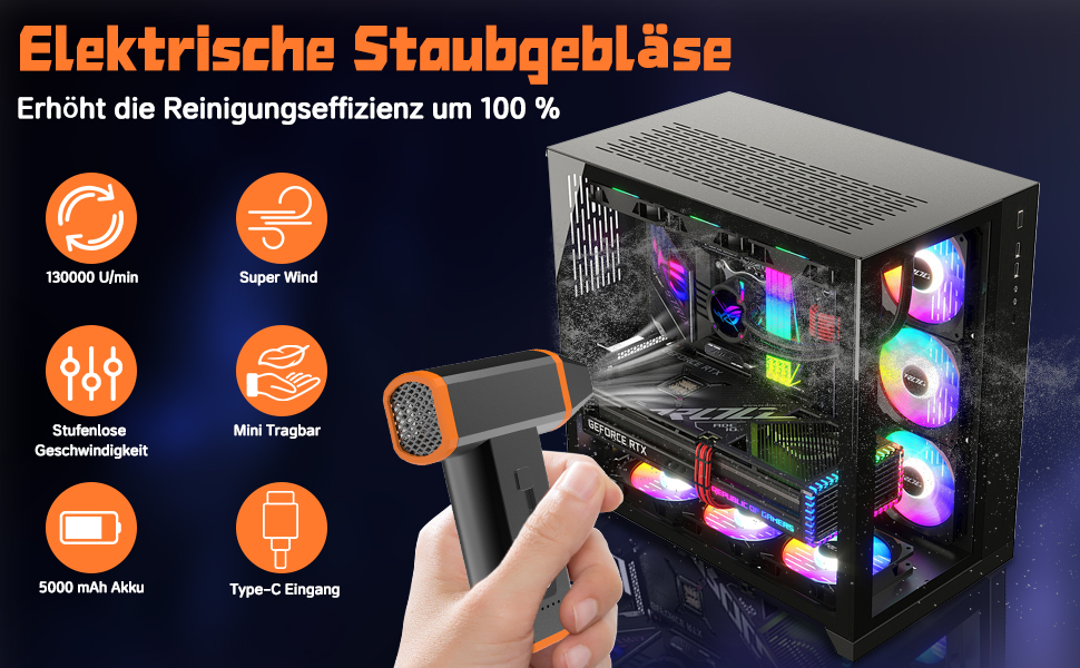 Електричний пилосос для чищення ПК, ноутбука та офісних пристроїв, 130000 об/хв, акумулятор 5000 mAh, портативний, з сумкою