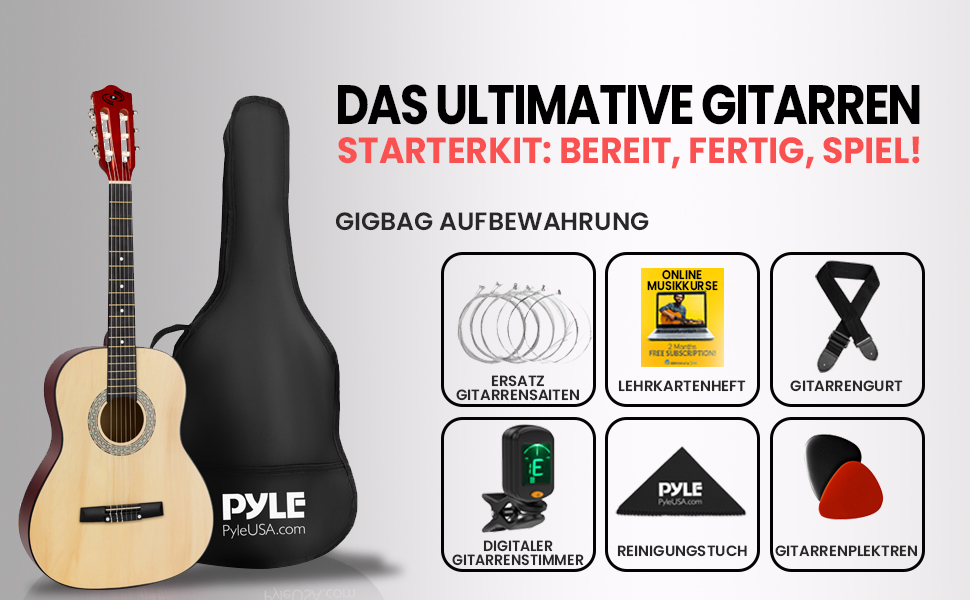 Акустична гітара Pyle для дітей та початківців, ½ розміру, комплект з чохлом, тюнером та медіатором, чорна