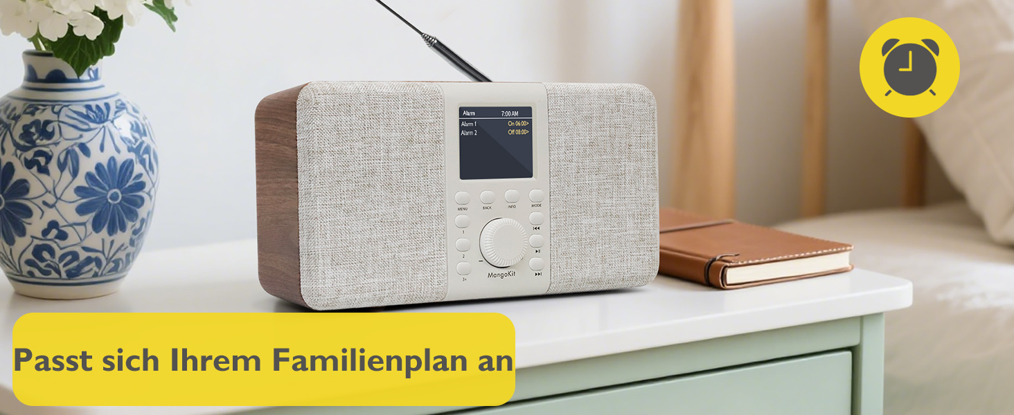 MD5 Стерео Радіо DAB з Bluetooth 5.3 та 2.4' дисплеєм, Портативне цифрове радіо UKW, Стереозвук 2.0, 40 місць пам'яті, Будильник, Повторний будильник та режим сну, USB-C живлення (мережа або батарея) (Волоський горіх)