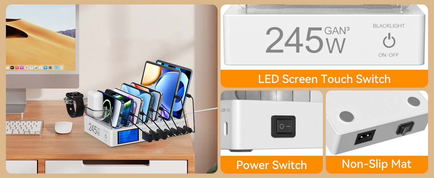 Зарядна станція 245W USB для 7 пристроїв з LCD-дисплеєм, кабелями та тримачем для iWatch, чорна - для iPhone, планшетів та іншої електроніки