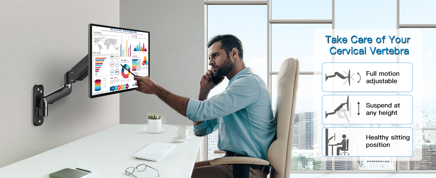 Кріплення для монітора HUANUO 17-32 дюйми, настінна кріплення, гнучкий підлокітник, VESA 75x100 мм, для геймінгу