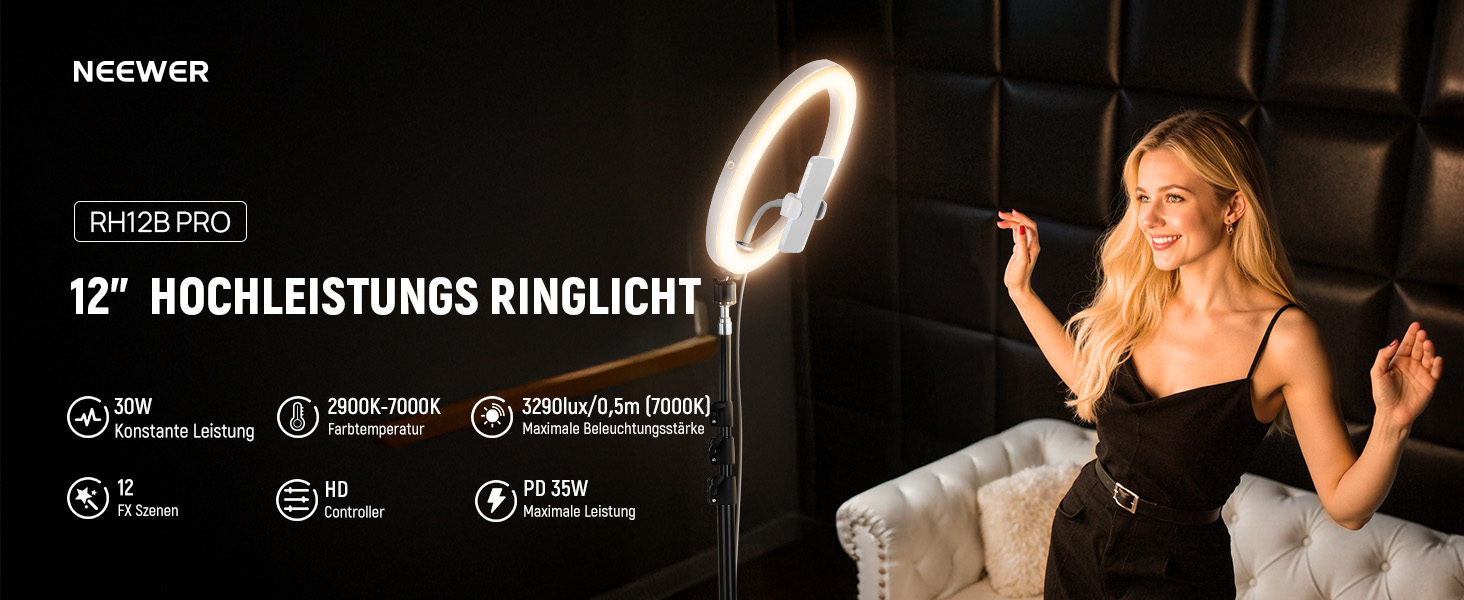 NEEWER Комплект кільцевого світла для фото та відео: 48 см, 52 Вт, регульоване LED кільцеве світло з штативом та Bluetooth для смартфона, YouTube, селфі (RH12B Pro)