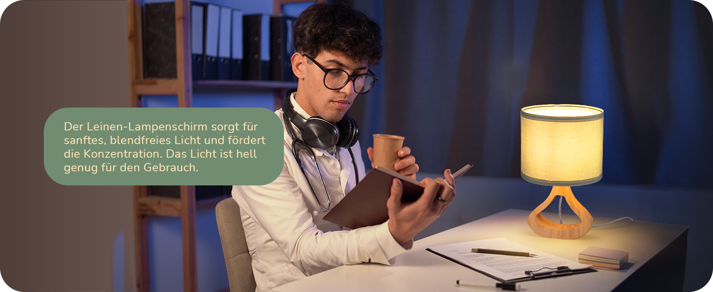 Дерев'яна настільна лампа EDISHINE з абажуром з льону, Е27, для вітальні, спальні, в стилі кантрі [Енергоклас F], колір: зелений льон