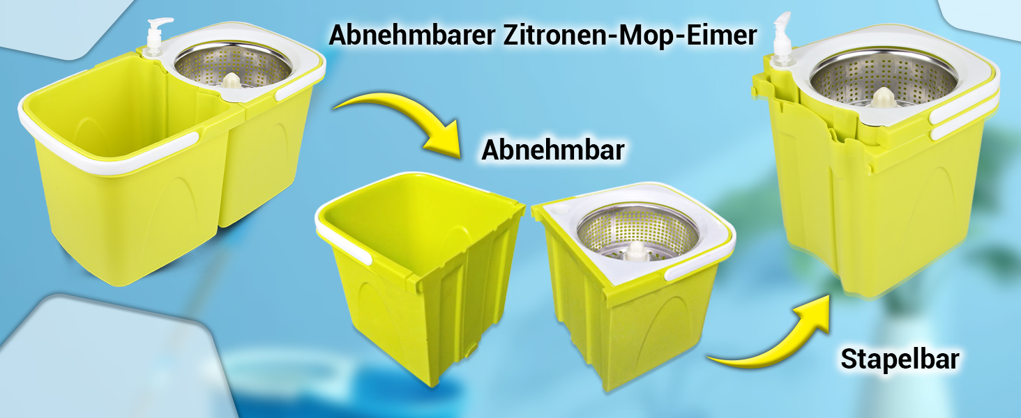 Набір для миття підлоги ARSUK з відром та механічним віджимом – набір для прибирання будинку | Відро для миття підлоги з мікрофіброю та 360° обертанням – ідеально для паркету, плитки та ламінату | 4 змінні насадки та утримувач для швабри з ароматом лимона
