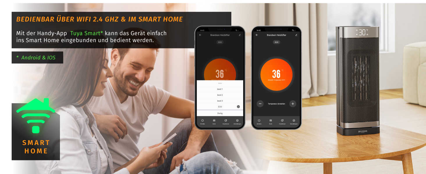 Керамічний обігрівач Brandson з Wi-Fi, тихий, енергозберігаючий, з пультом ДУ, захист від дітей, таймер, 2 режими, ECO-режим, для ванної, вітальні, офісу, дитячої кімнати