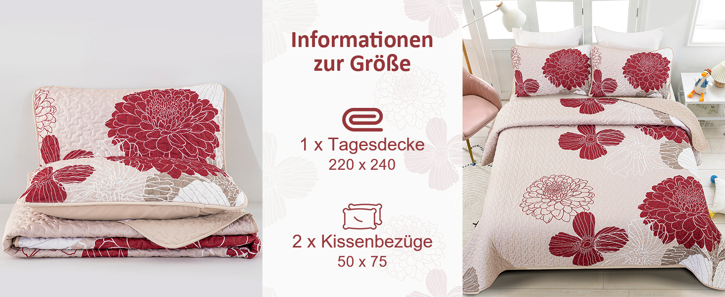 Tagesdecke WONGS BEDDING 220x240 см з квітами, бургунді. М'яка літня ковдра з мікрофібри для двоспального ліжка, комплект з 2 наволочками 48x75 см