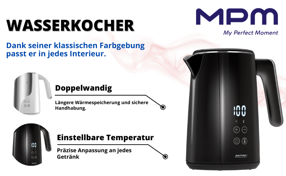 Електричний чайник MPM MCZ-120, 1.5L, з подвійними стінками, регулювання температури 40–100°C, нержавіюча сталь, 2200W, тихий, швидкий, сенсорне управління, легкий, елегантний, білий (чорний)