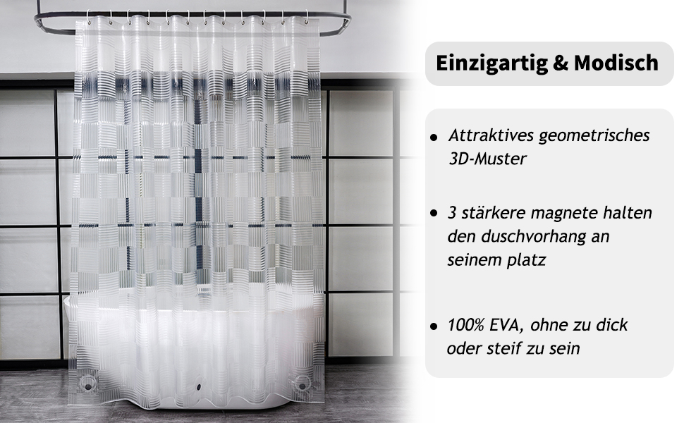 Штора для душу EurCross прозора 180x200 см з 3D геометричним малюнком, водонепроникна, з магнітами та гачками, EVA пластик, антигрибкова