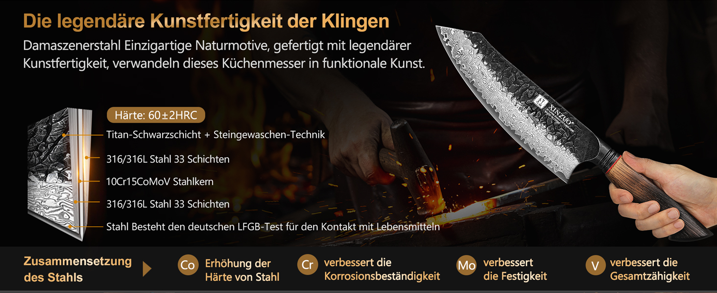 Ніж Сантоку XINZUO Damaststahl 19,3 см - професійний кухонний ніж з дамаської сталі, серія Mo, ергономічна ручка з білого дуба