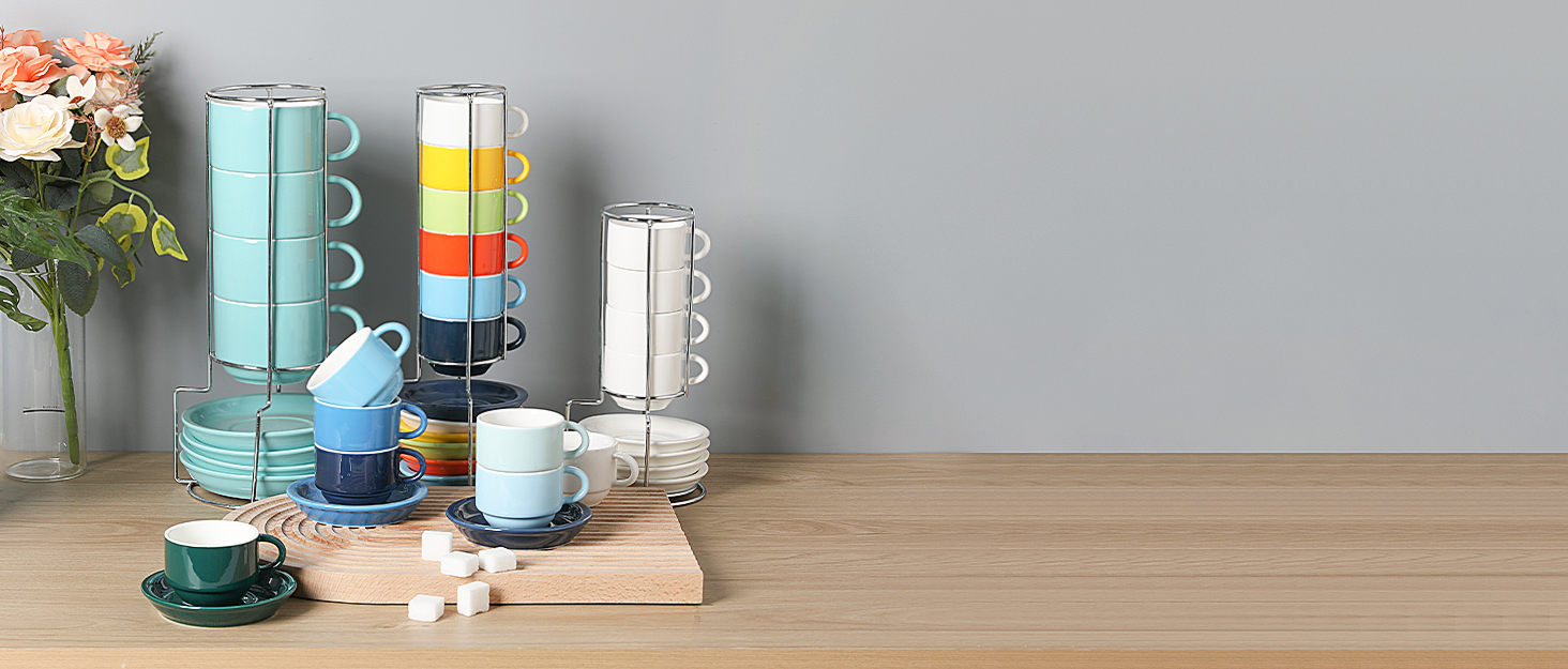 Набір порцелянових чашок еспресо Sweejar (6 шт.) з підставкою, 70 мл, для кави, мокко, чаю (чорний)