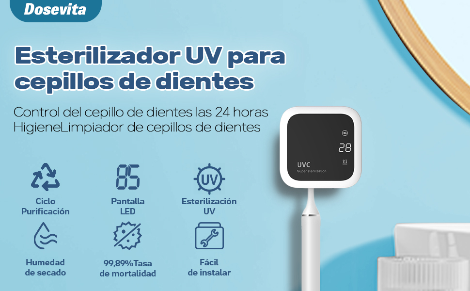 Стерилізатор зубних щіток UV-C та UV-A, настінний тримач з функцією сушіння повітрям, для ванної кімнати, дому та подорожей (білий)