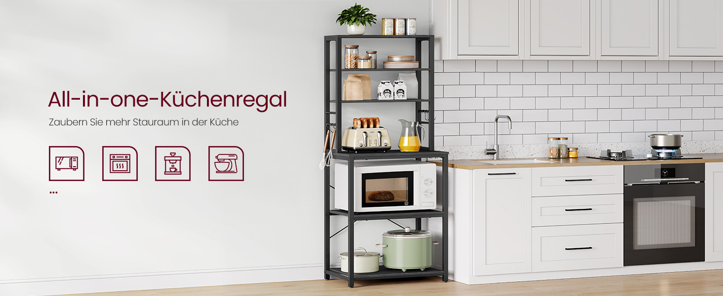 Стелаж кухонний VASAGLE, підлоговий, для мікрохвильової печі, 6 полиць, 6 гачків, сталевий каркас, рустикальний стиль, 40 x 60 x 167 см, золотий дуб + білий, KKS024W09