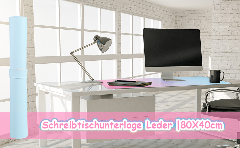 Килимок для столу зі шкіри - великий 80x40 см, рожевий/блакитний. Килимок для миші, офісний, для дому, з PU-шкіри, легко миється, не слизький