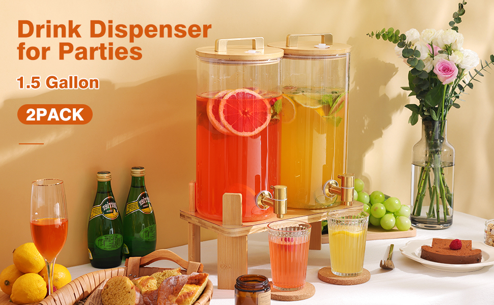 Набір з 2 диспенсери для напоїв на 6 літрів з дерев'яною підставкою, з герметичним клапаном та нержавіючим краном, для вечірок