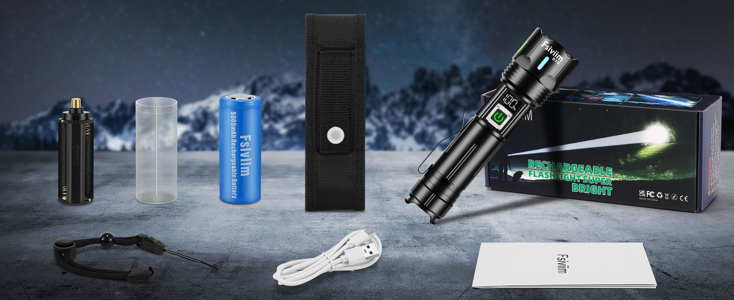 Ліхтарик LED акумуляторний, 500 000 люмен, тактичний, з регулюванням фокусу, 5 режимів, для кемпінгу, матовий чорний