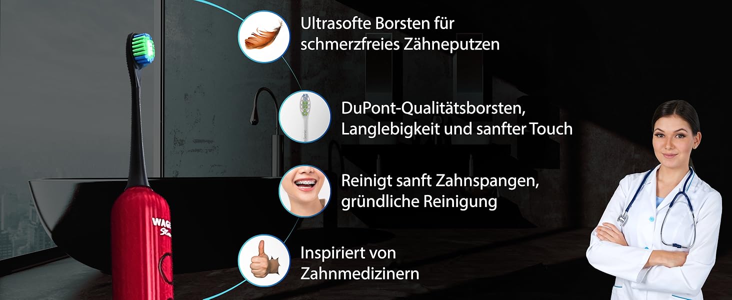 Електрична зубна щітка Wagner Stern VibroWave Plus: Звукова, з вібрацією та 4 насадками, водонепроникна IPX7, блакитна