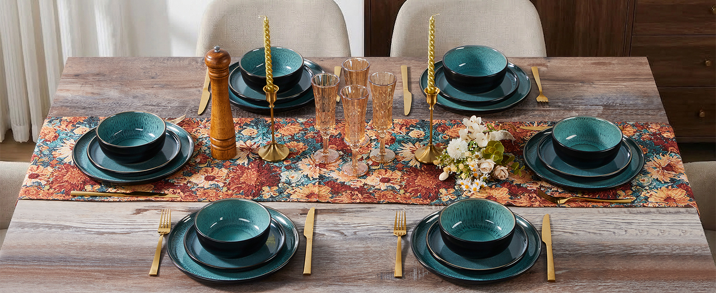 Набір посуду HaWare для 6 осіб, 18 предметів: тарілки, десертні тарілки, миски, стельова глазур, посуд для сервірування столу, блакитний колір, безпечний для мікрохвильовки та посудомийної машини